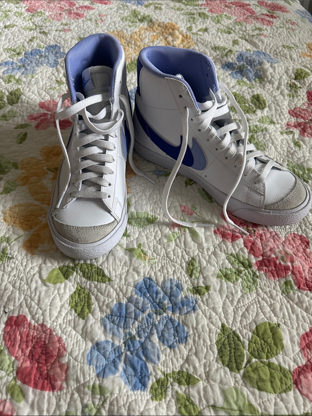 Nike White High-Top Sneakers with Blue Swoosh and Lavender Lining